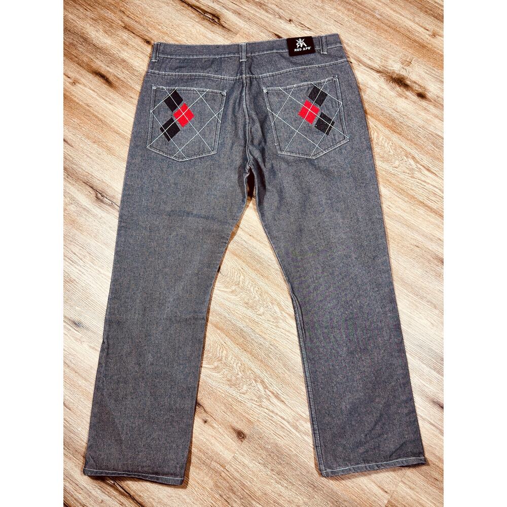 Red Ape Y2K Gray Baggy Jeans Argyle Pocket Embroidered Denim 44x33 Streetwear
